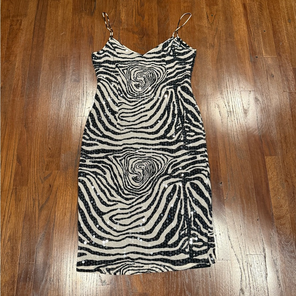 Basix II Zebra Bodycon Sequin Midi Dress with Spaghetti Straps